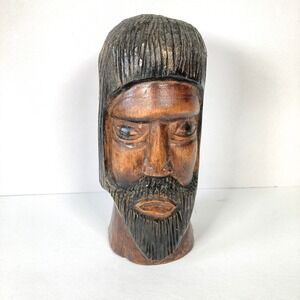 Hand Carved Jamaican Man Wooden Bust Statue Sculpture 9.5 x 3.75 Inches Folk Art